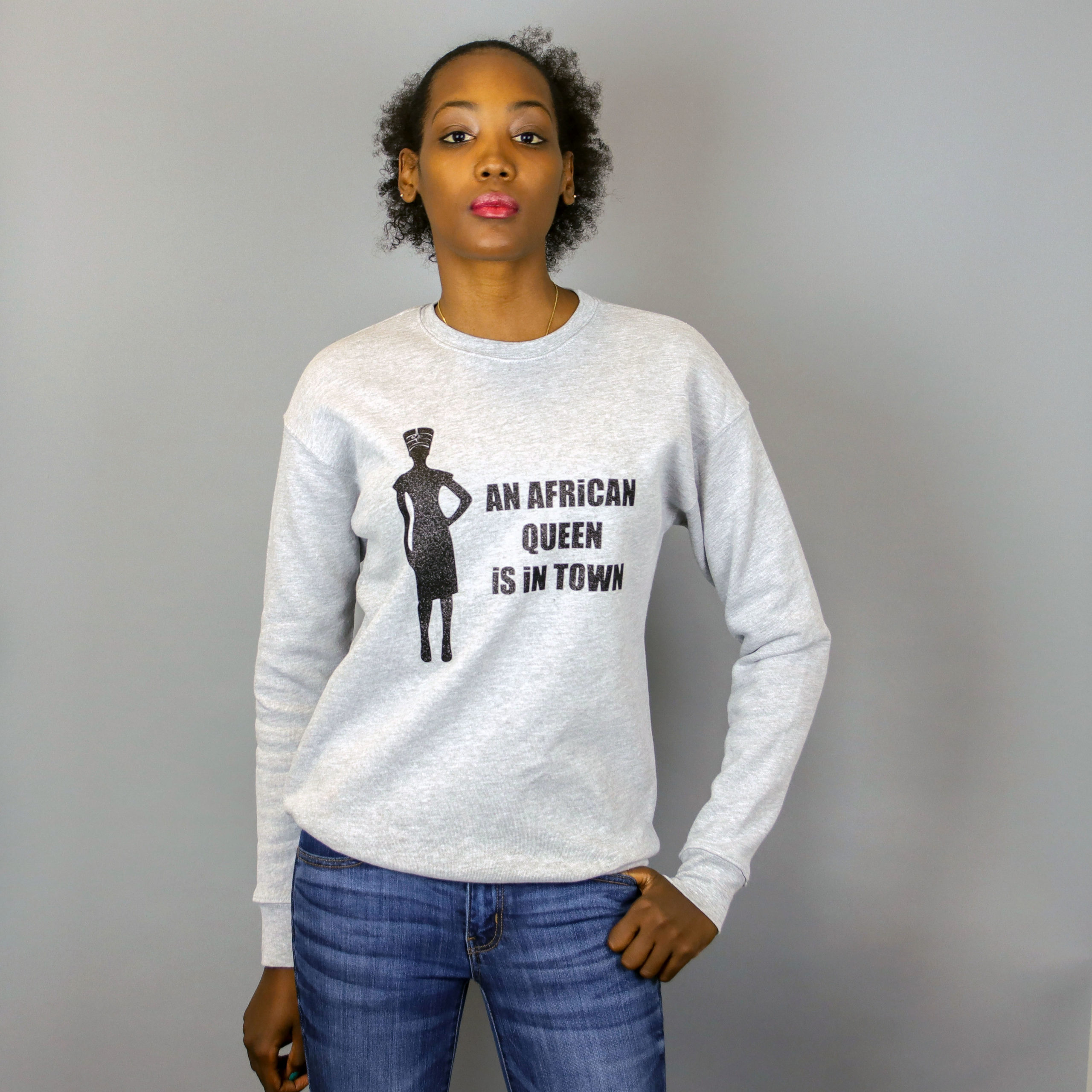 An African Queen is in Town Grey &amp; Glitter Black Crewneck Sweatshirt